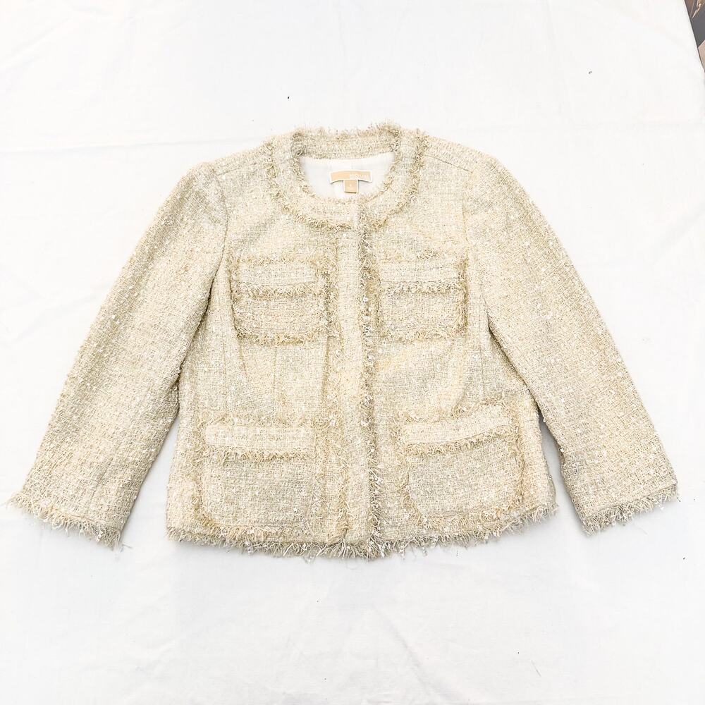 Michael Kors Woven Style Tweed Fringe Blazer Cream Gold Size Medium